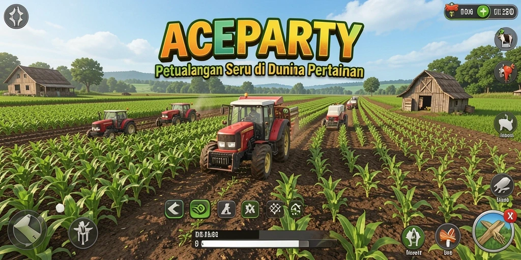 Screenshot gameplay ACEPARTY menampilkan kebun yang penuh warna dengan tanaman subur.