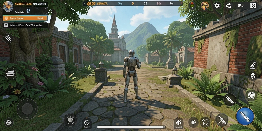 Screenshot gameplay ADAM77 menampilkan petualangan menjelajahi dunia terbuka.