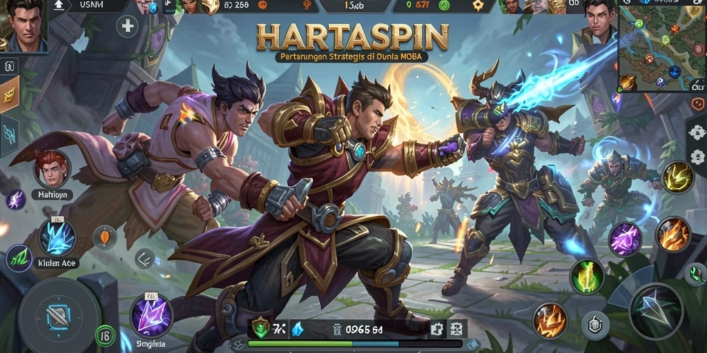 Screenshot menampilkan aksi seru dalam pertarungan MOBA HARTASPIN.