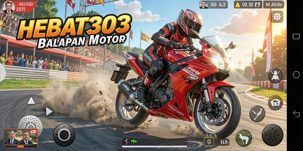 Screenshot HEBAT303 menampilkan aksi balapan motor yang seru dan mendebarkan.