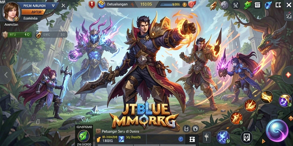 Tampilan pertarungan epik dalam gameplay JTBLUE dengan pemain bersatu melawan monster.