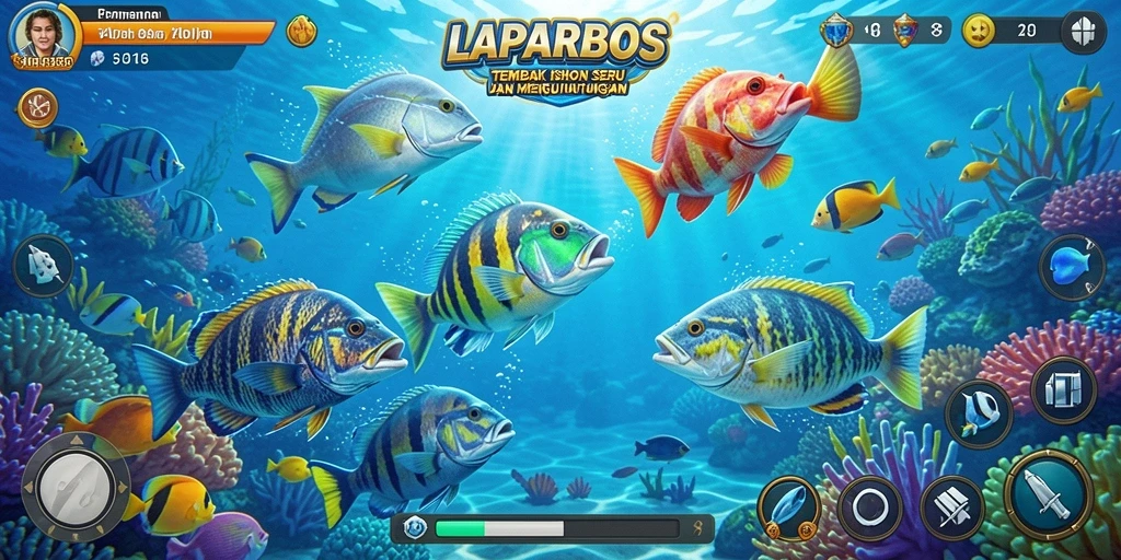 Tangkapan layar gameplay LAPARBOS yang menampilkan aksi tembak ikan yang mendebarkan.