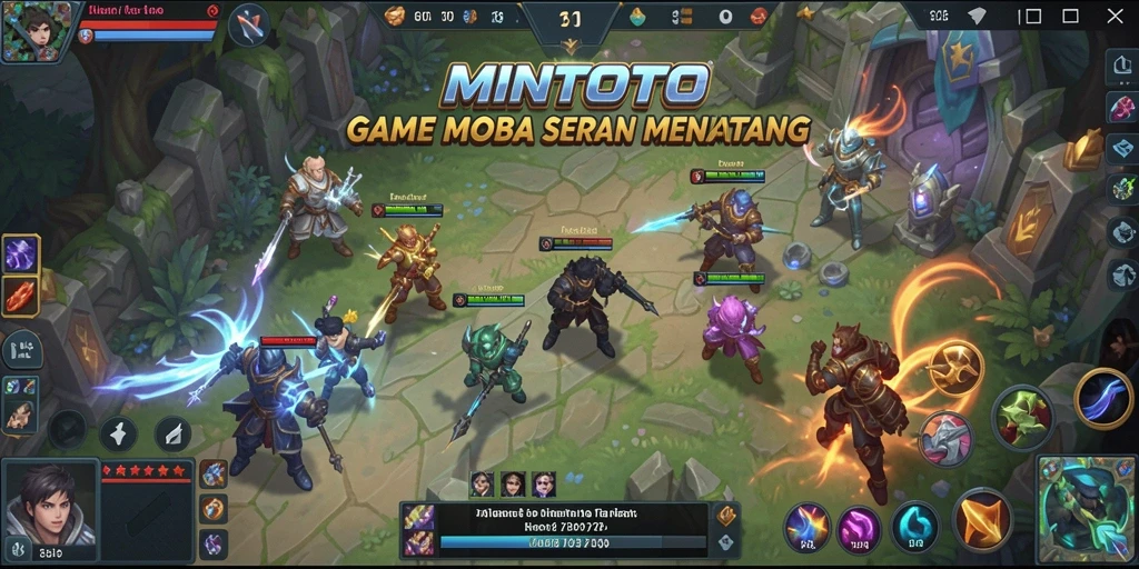 Tangkapan layar gameplay MINTOTO yang menampilkan pertempuran seru antara dua tim MOBA.