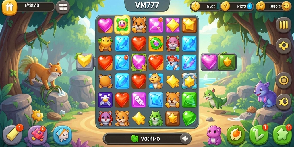 Tampilan gameplay VM777 dengan elemen match-3 yang berwarna-warni.